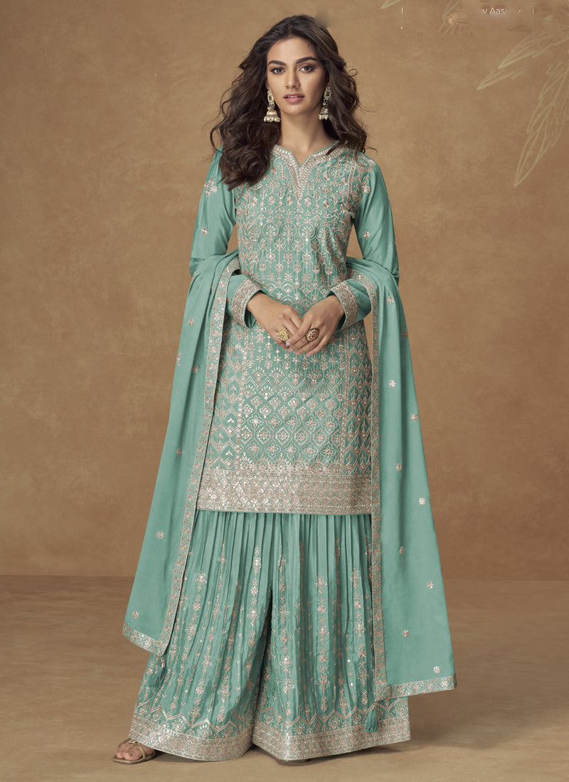 Sea Green Chinon Silk designer palazzo suit with intricate embroidery and gota patti work
