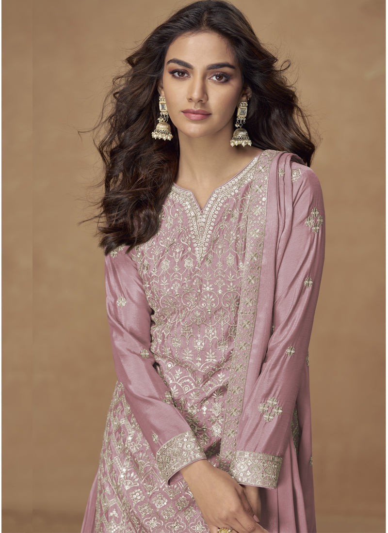 Light Pink Chinon Silk Embroidered Palazzo Suit