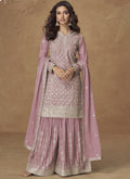 Light Pink Chinon Silk designer palazzo suit with Gota Patti embroidery