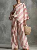 Women's Striped One-Shoulder Top and Wide-Leg Pants Set - Image 9