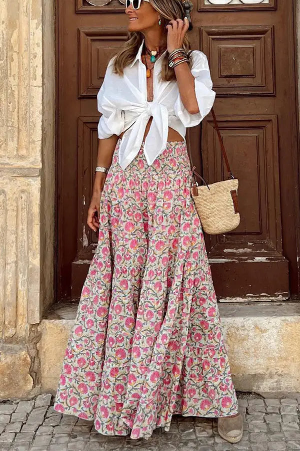 Summer Floral Maxi Skirt with Elastic Waist