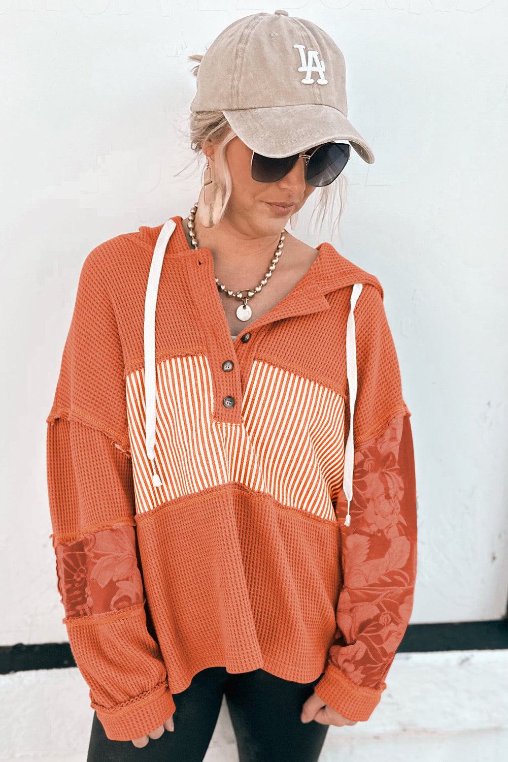 Cinnamon Striped Waffle Patchwork Drawstring Hooded Long Sleeve Top