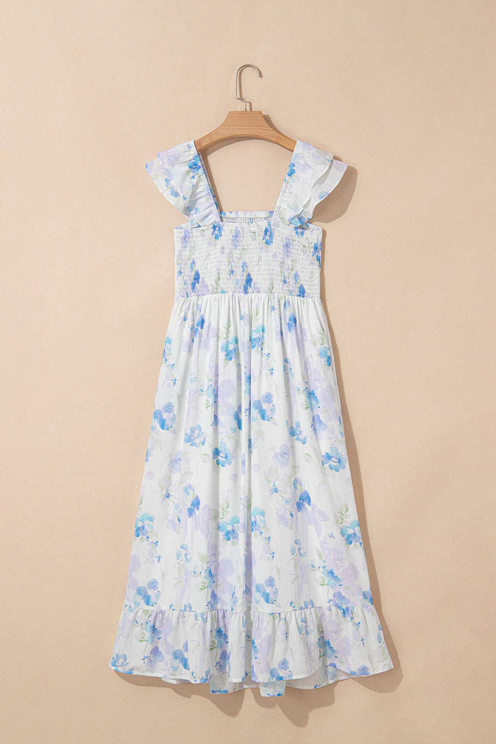 Sky Blue Floral Smocked High Waist Maxi Dress | Sleeveless