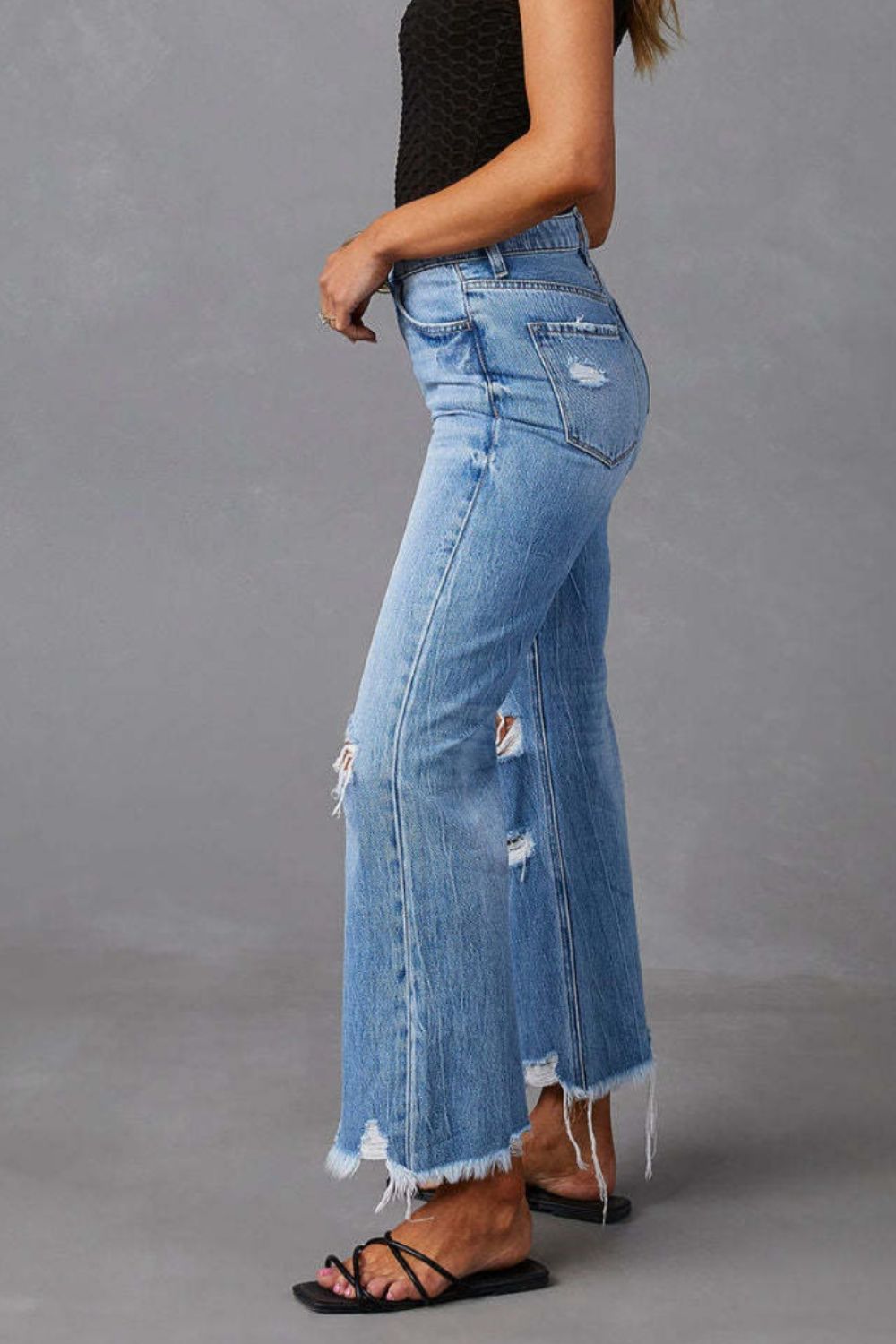 Distressed Raw Hem High-Rise Wide-Leg Jeans | Medium Wash