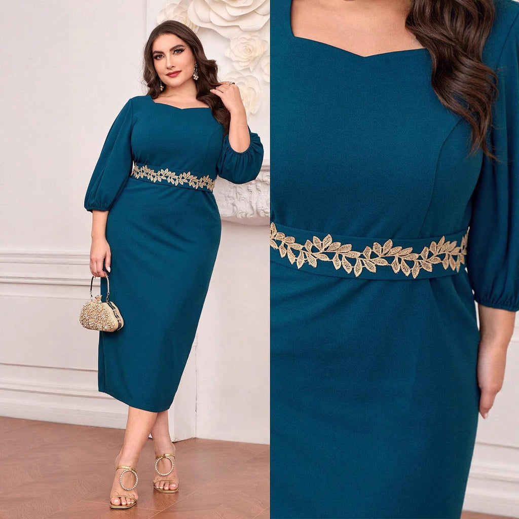 Elegant Long Sleeve Formal Maxi Dress in Navy Blue, Teal and Gold