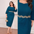 Elegant Long Sleeve Formal Maxi Dress in Navy Blue, Teal and Gold
