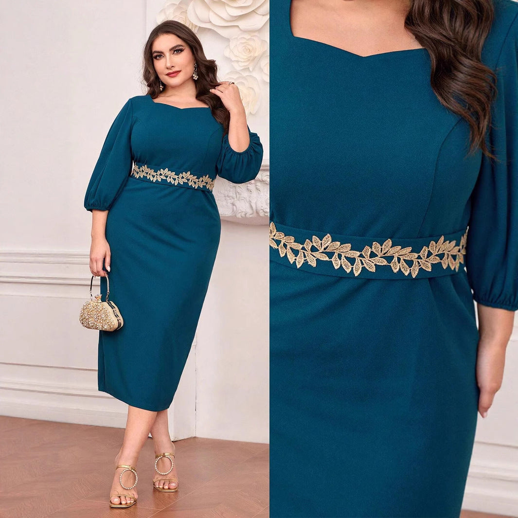 Elegant Long Sleeve Formal Maxi Dress in Navy Blue, Teal and Gold
