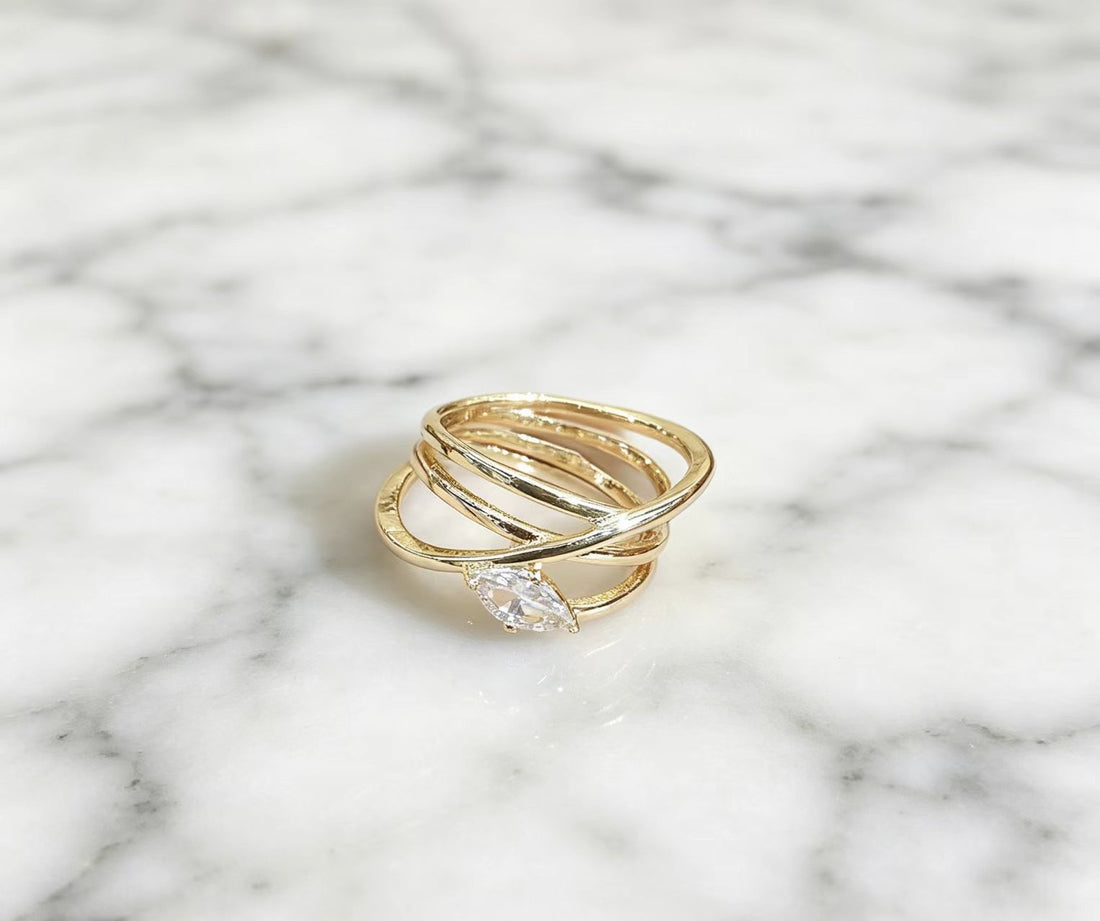 Gold Water-Drop Zircon Ring, Large Marquise Crystal Statement Band