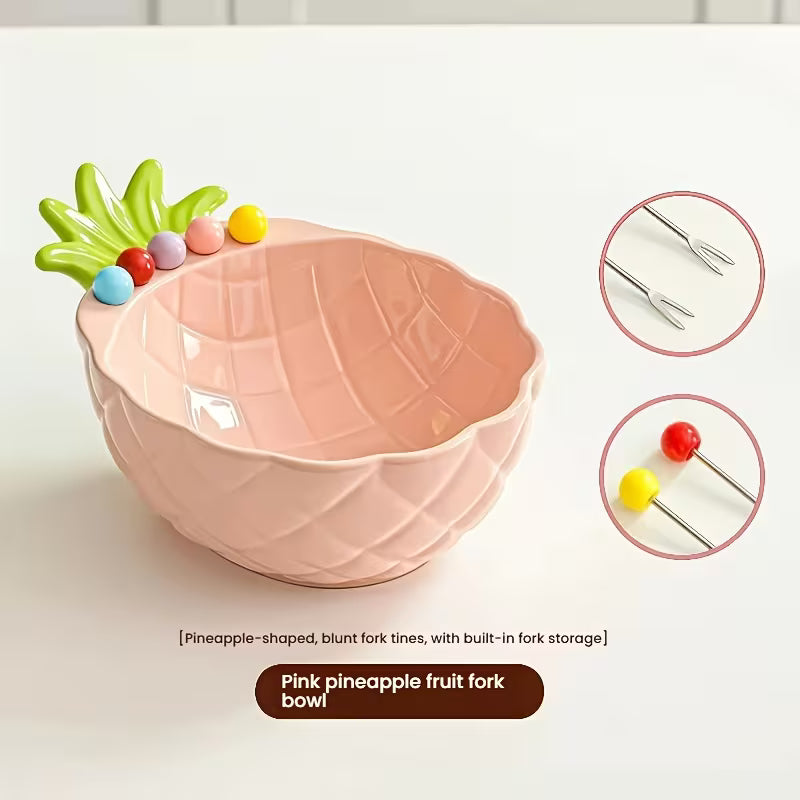 Pineapple-Shaped Ceramic Fruit Bowl with Stainless Steel Fork Set