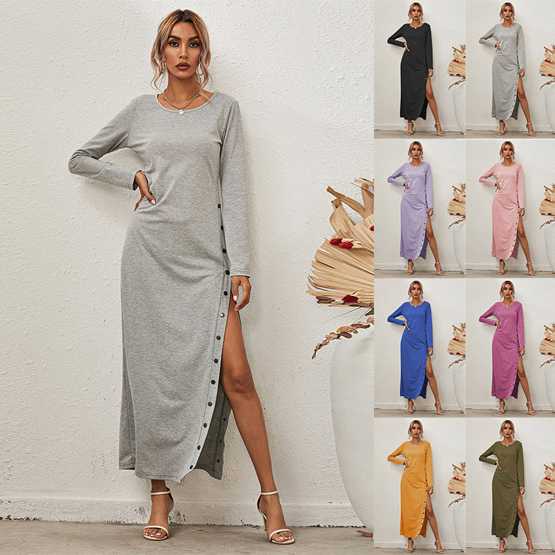 Long Sleeve Casual Dress with Split Buttons