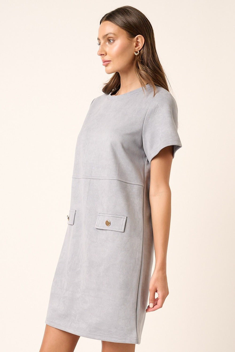 Minimalist Grey Suede Short Sleeve Mini Dress for Women