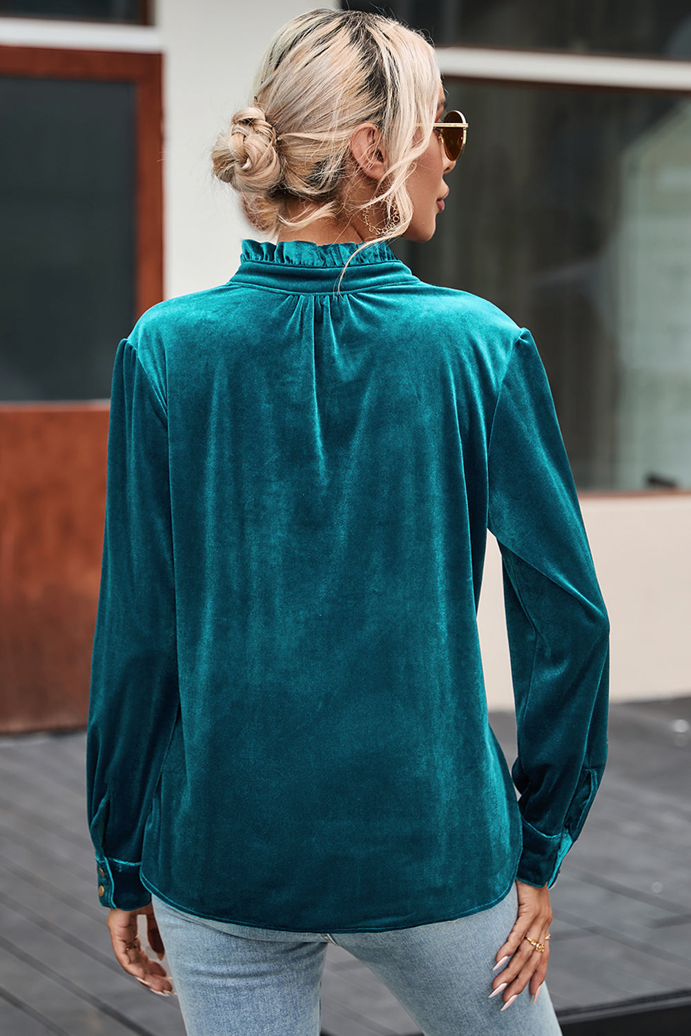 Velvet Frilled Neck Buttoned Top