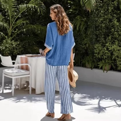 Women V-Neck Tunic Top and Wide Leg Striped Trouser Set - Image 4