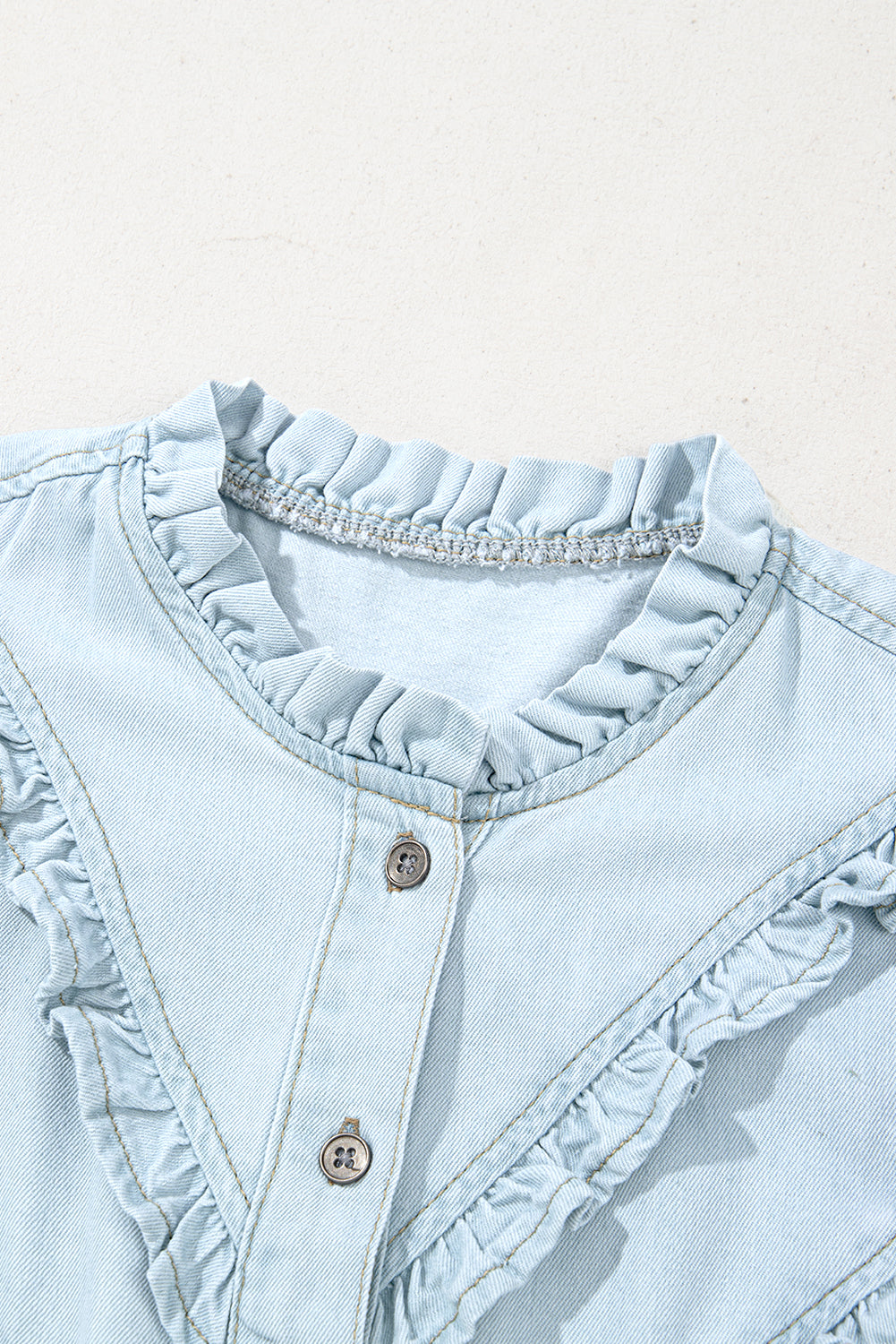 Beau Blue Mineral Wash Denim Shirt | Cap Sleeve Frilled Button-Up