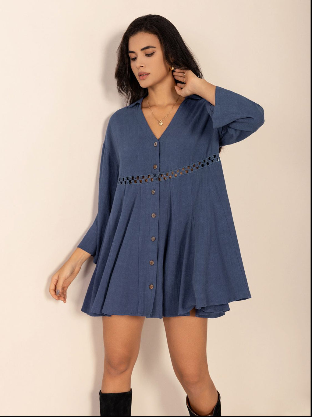 Dusty Blue Long Sleeve Mini Dress with Cutout & Buttons