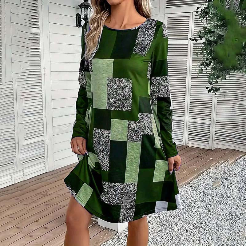 Women's Round Neck Long Sleeve Patchwork Print Casual Dress - Image 5