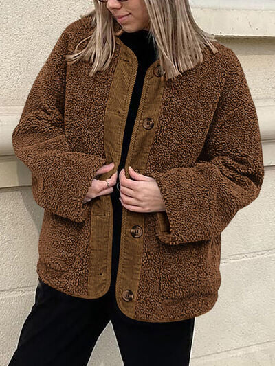 Women's Cozy Sherpa Fleece Button Up Jacket with Functional Pockets