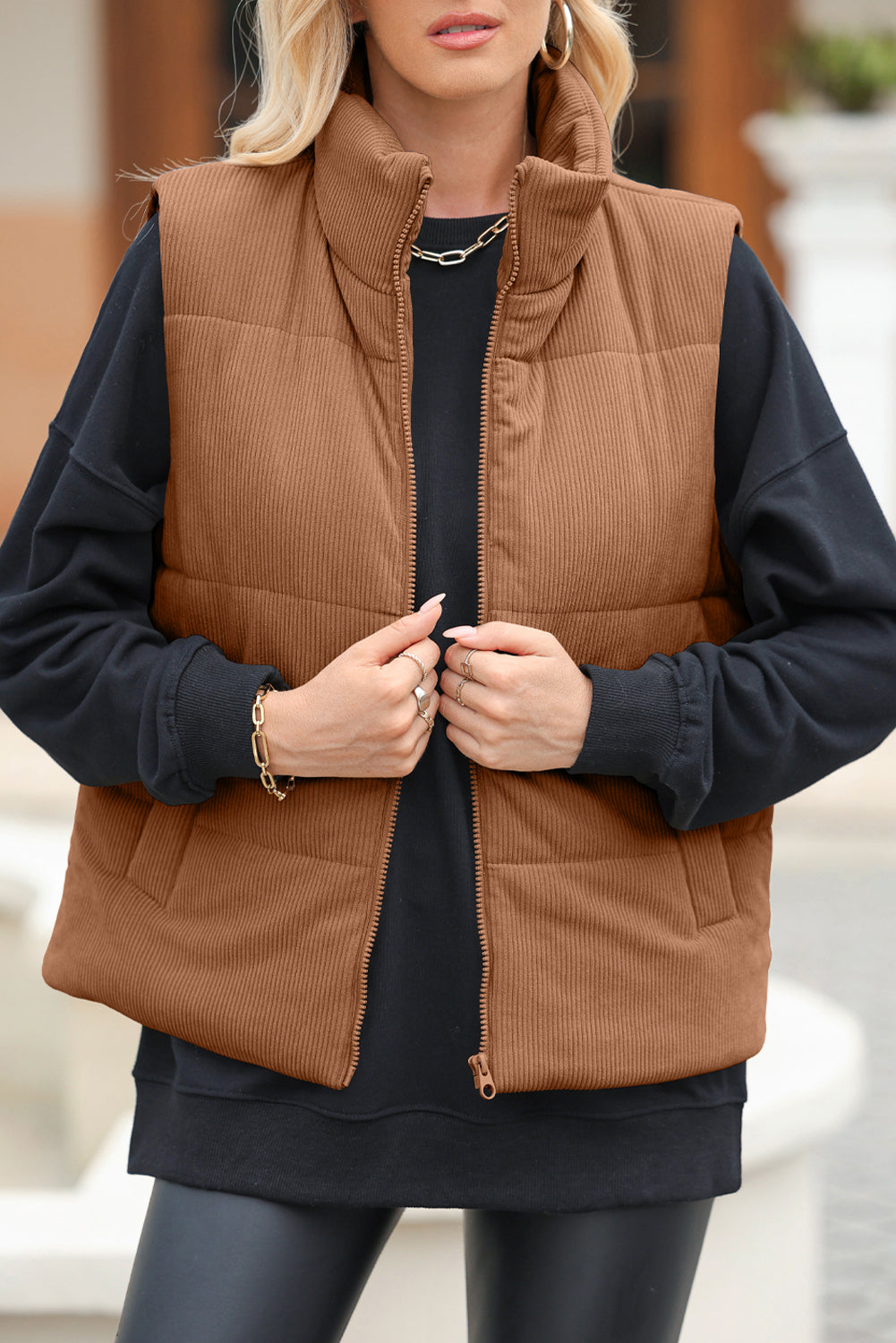 Pocketed Zip Up Turtleneck Vest Coat | Polyester