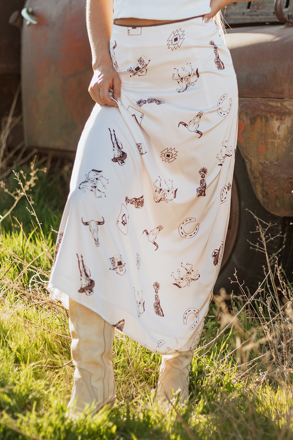 White Western Print Satin Long Skirt Elegant Midi Flowy Skirt