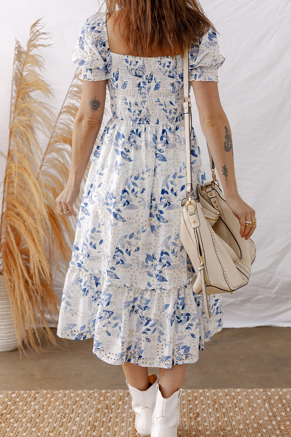 Sky Blue Smocked Bodice Puff Sleeve Floral Midi Dress