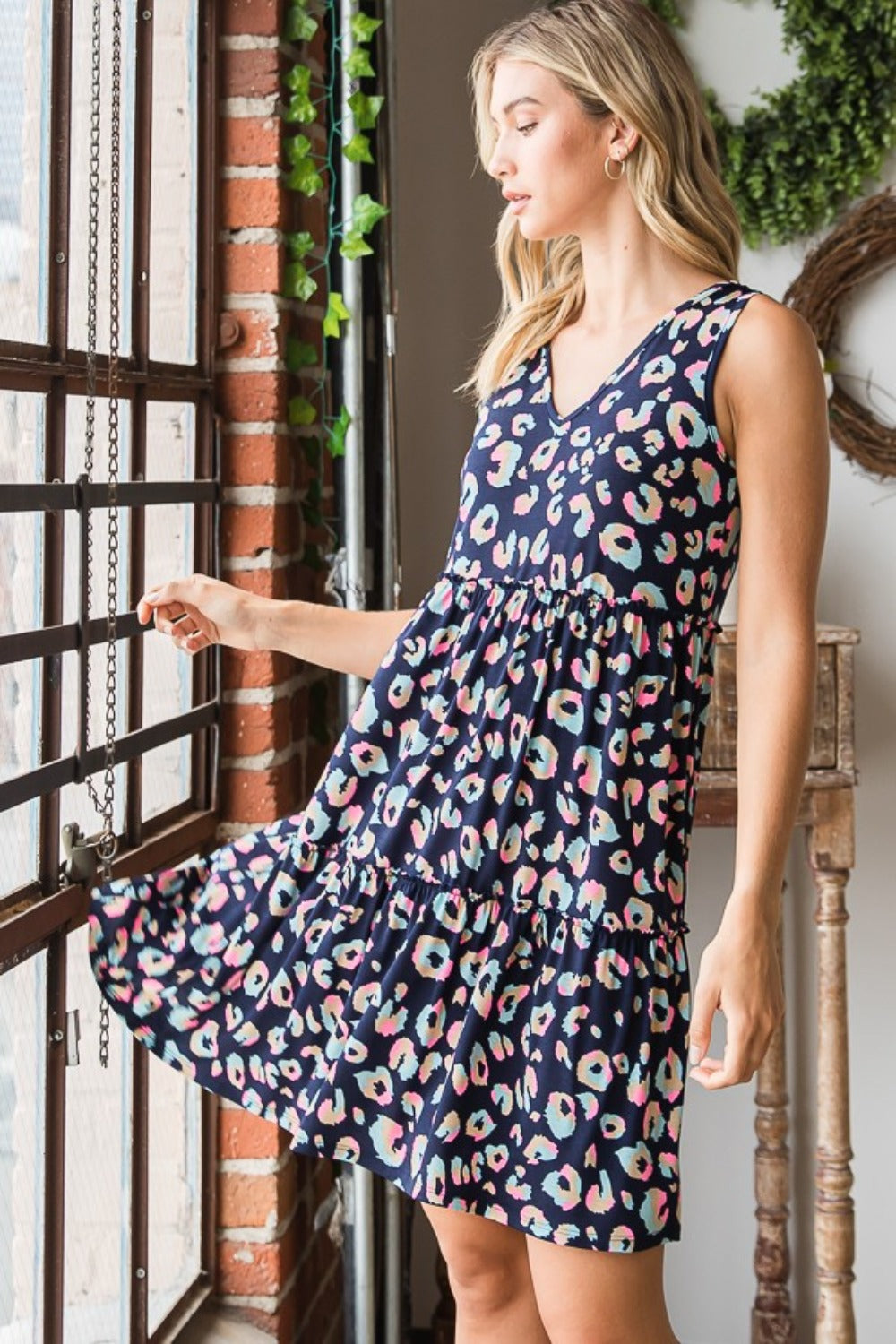 V-Neck Leopard Print Ruffled Tank Dress