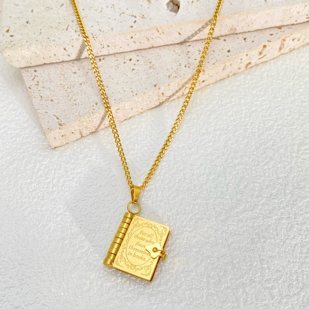 18k Gold Plated Locket Book Pendant Necklace Titanium Steel