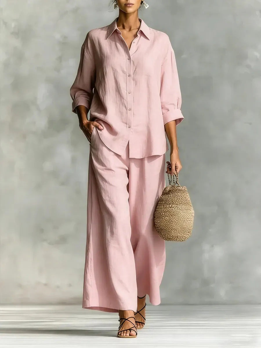 Cotton-Linen Button-Down Shirt and Wide-Leg Pants Two-Piece Set - Image 6