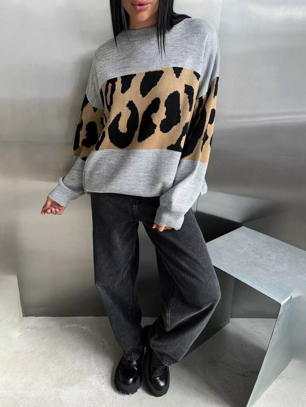 Leopard Color Block Round Neck Sweater