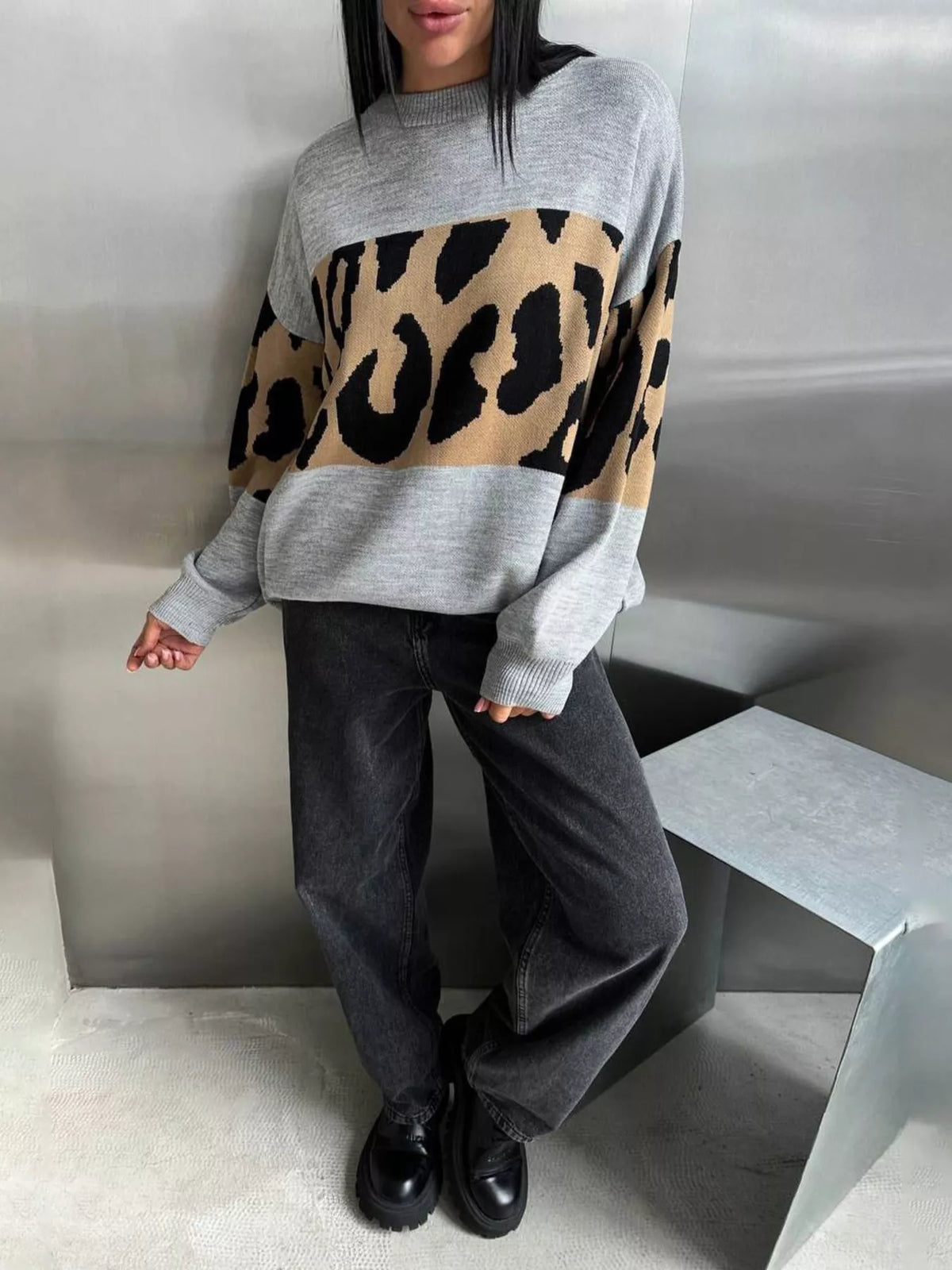 Leopard Color Block Round Neck Sweater