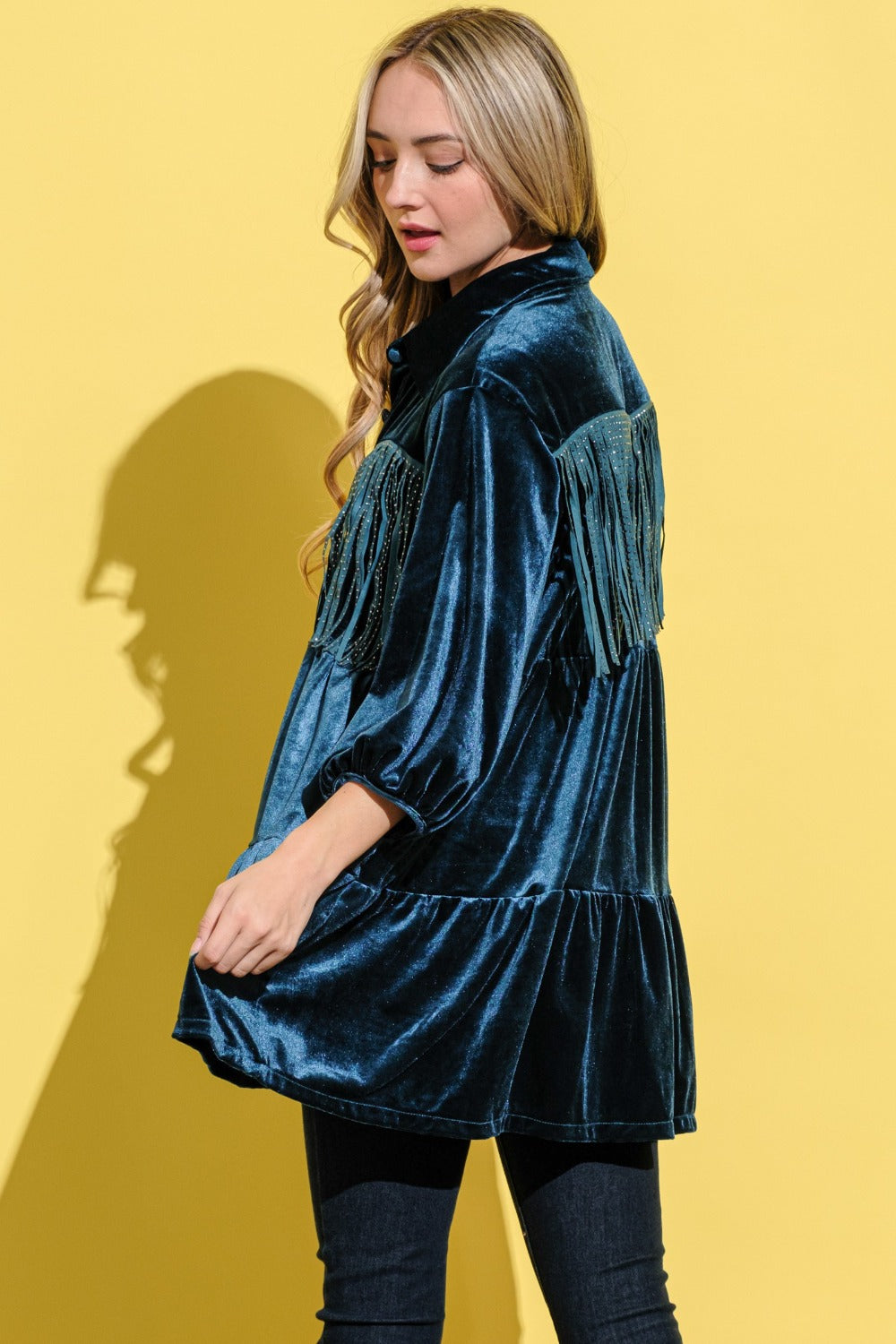 Teal Velvet Fringe Shirt Dress with Elegant Detail