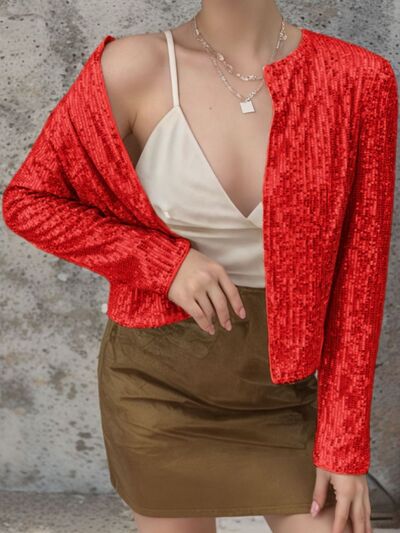 Women’s Sequin Open Front Cropped Jacket, Glamorous Party Blazer