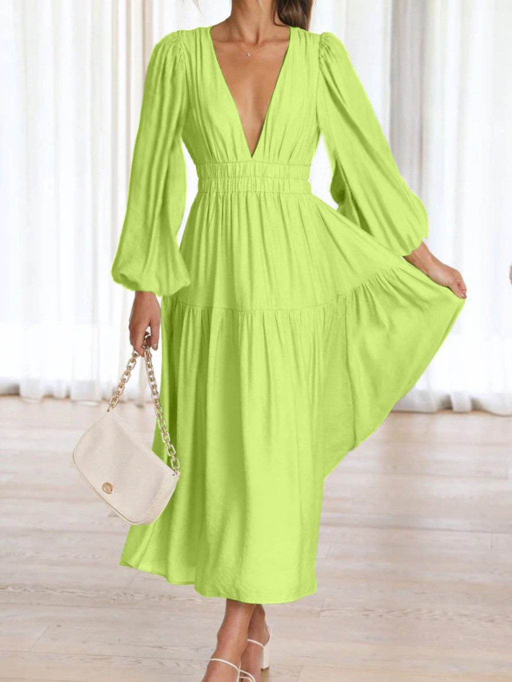 Bohemian Deep V-Neck Maxi Dress with Dramatic Balloon Sleeves