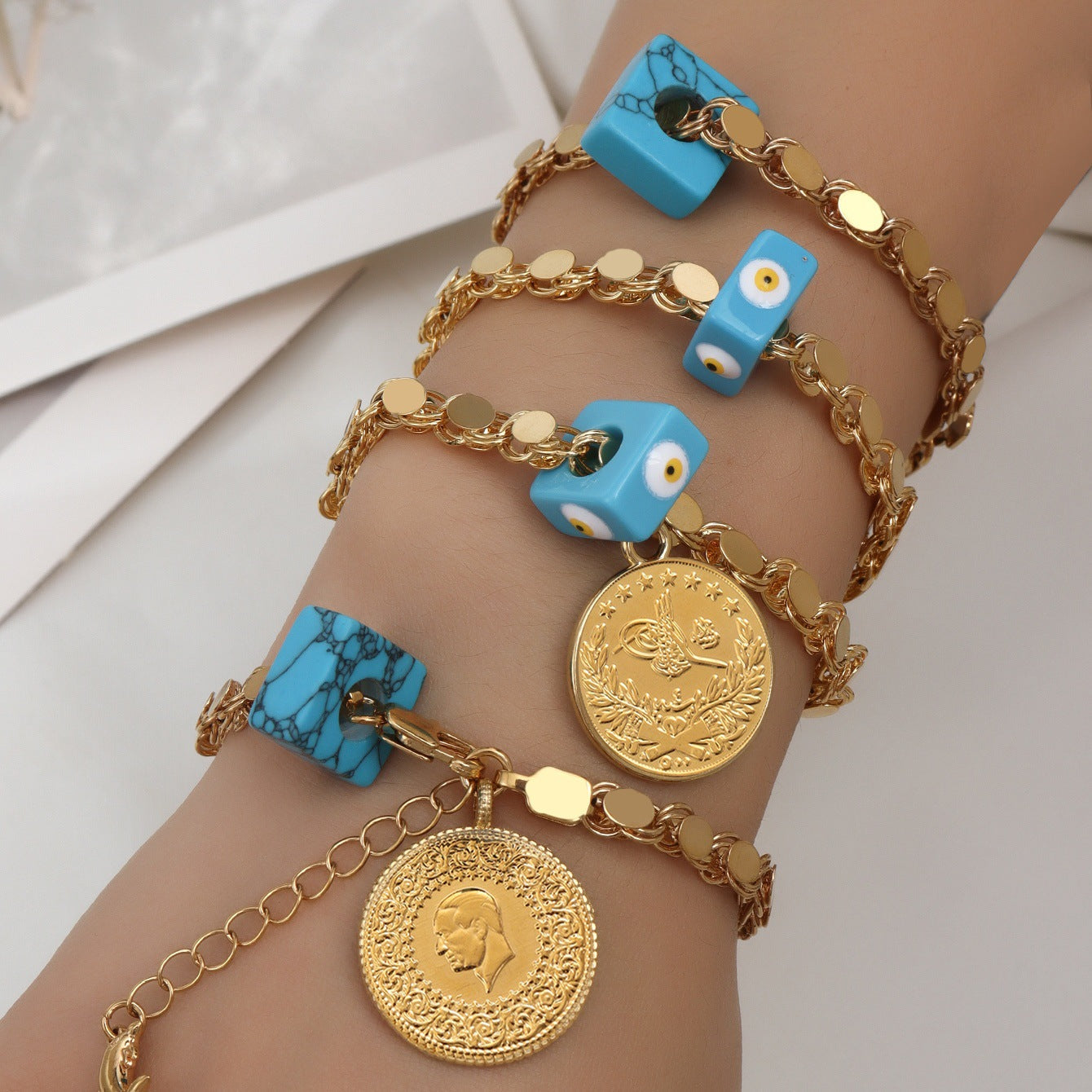 Bohemian Evil Eye Coin Bracelet Gold-Plated Disk-Link Chain