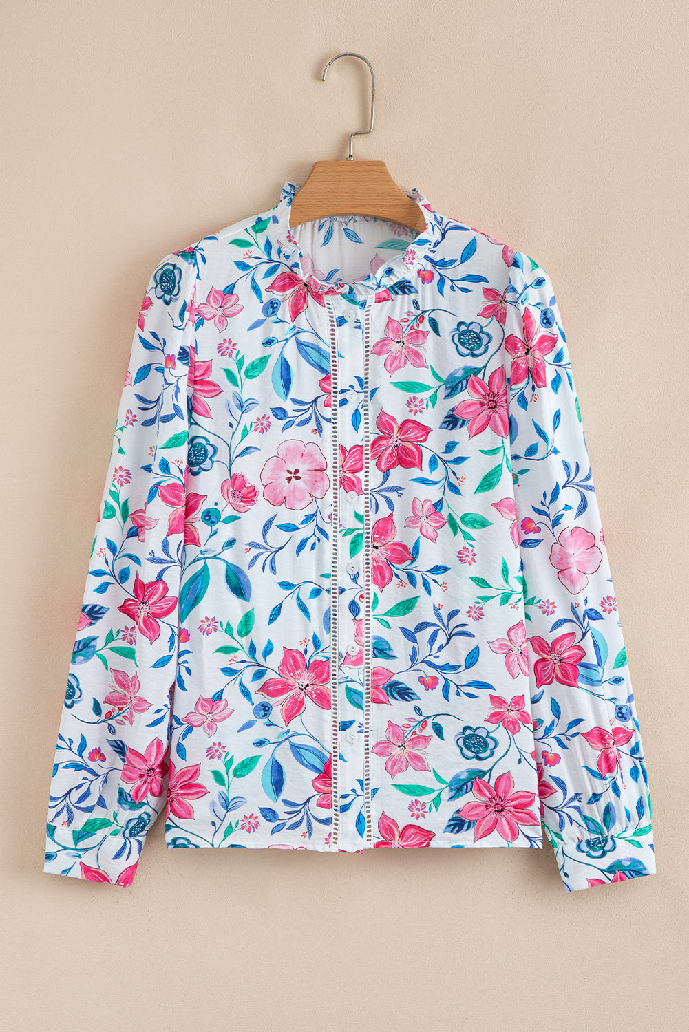 Floral Lace Trim Buttoned Long Sleeve Shirt