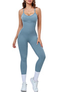 OLCHEE Womens Workout Yoga Jumpsuits Rompers - One Piece Seamless Unitard Leggings Spaghetti Strap Bodysuit Gym - Blue Large