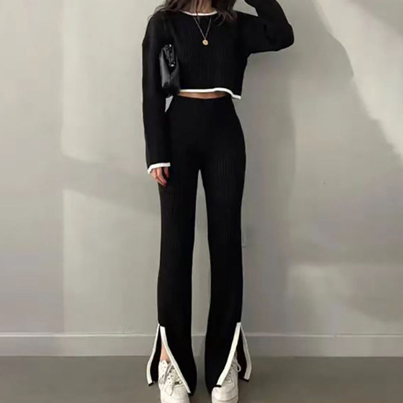 Women's Casual Ribbed Color-Block Two-Piece Crop Top & Pant Set - Image 9