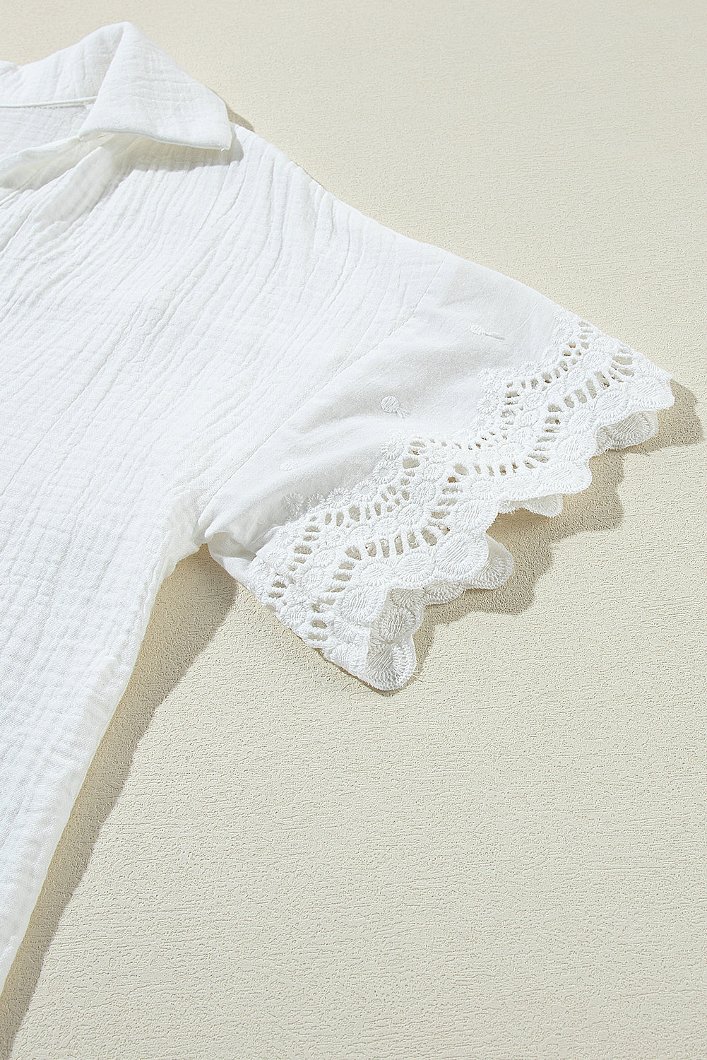 Women's Crinkled V-Neck Blouse with Lace Sleeve Detail