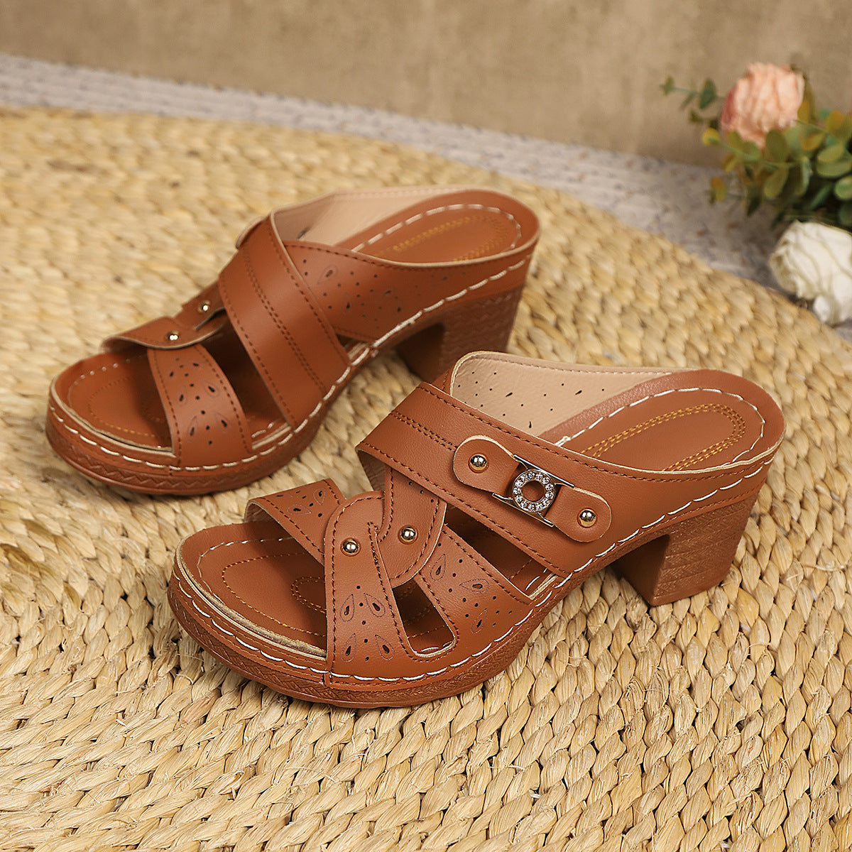 Women's High-Heel Slip-On Sandals Round Toe Summer Dress Shoes