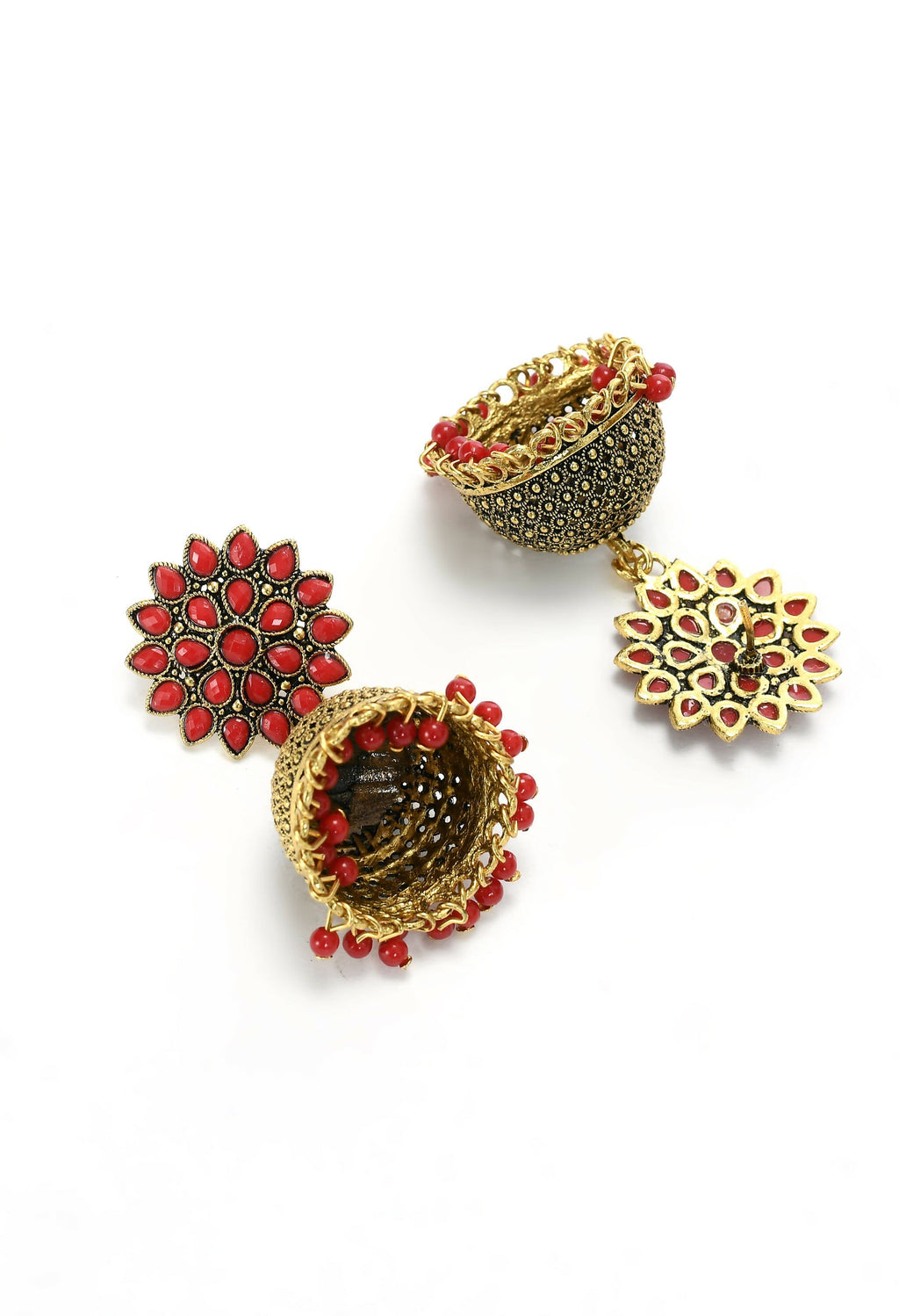 Joharkamal Kundan Jhumka Earrings with Red Beads, Gold-Plated Brass