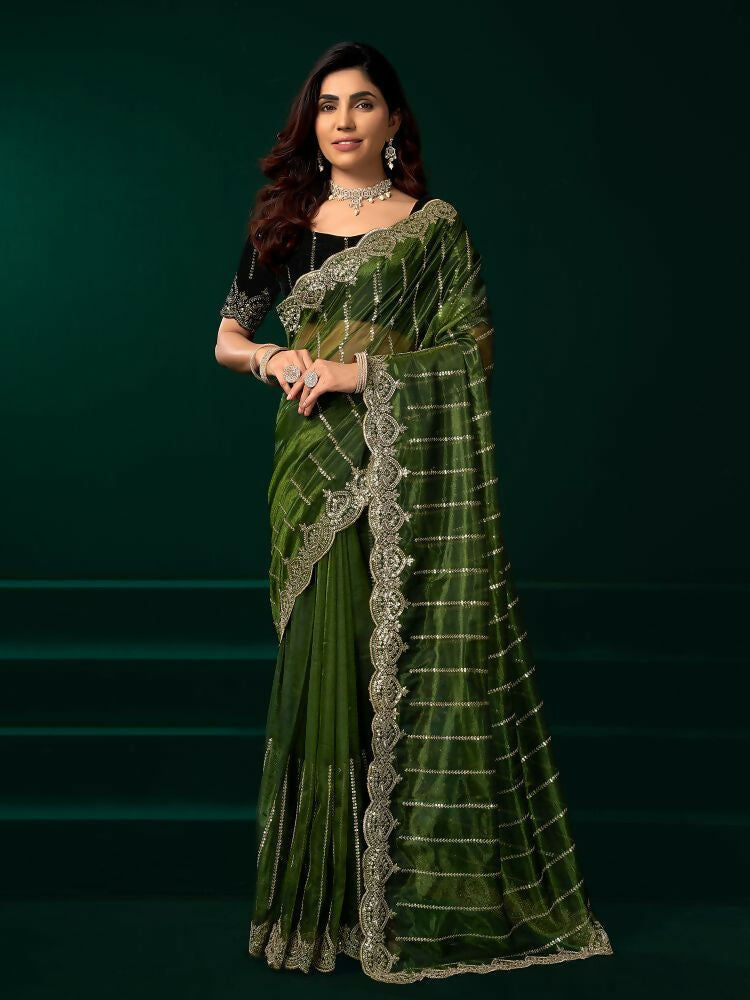 Green Net Party Wear Saree with Black Velvet Blouse