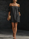 Women's Cotton Linen Off Shoulder Mini Dress with Puff Sleeves - Image 6