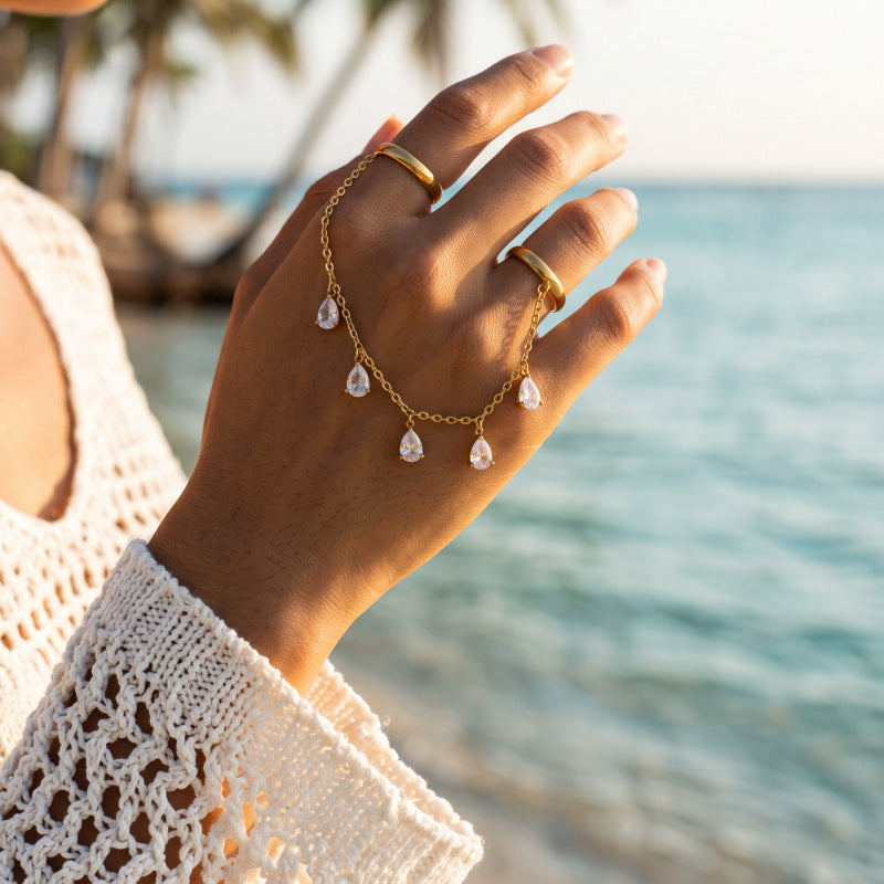 Women 5 Teardrop CZ Hand Harness, Thin O Chain Slave Finger Bracelet Gold Rhodium Two Tone Plated Boho Beach Festival Vacation Jewelry Gift
