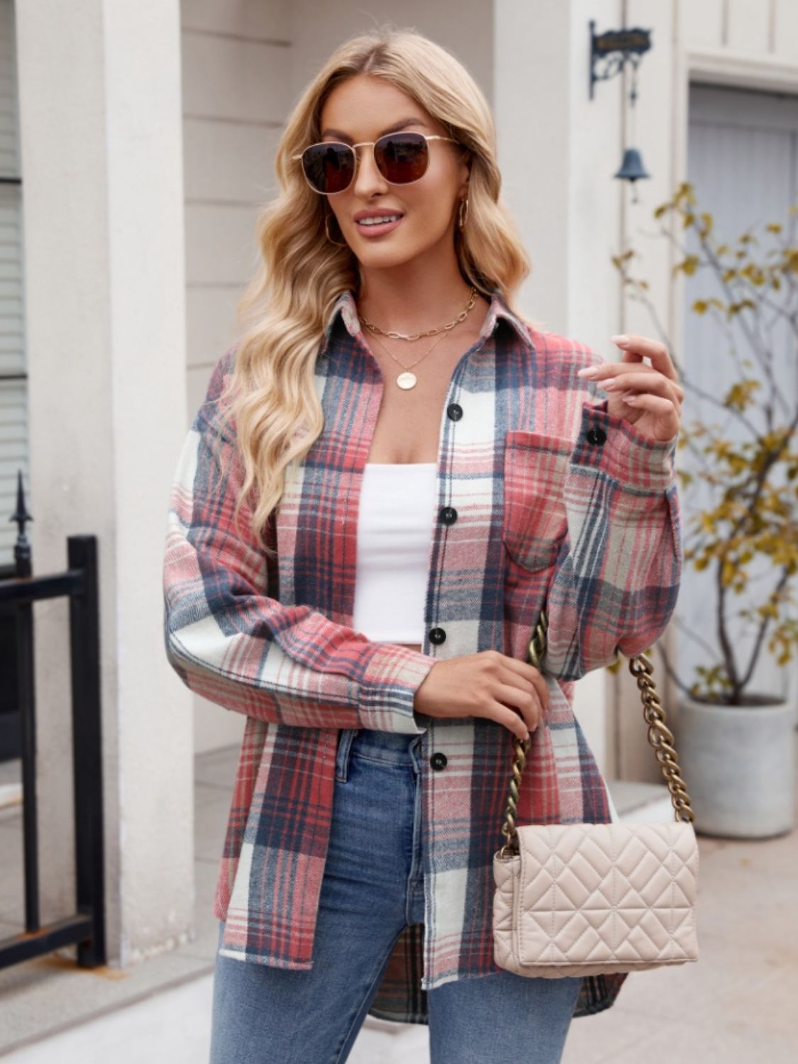 Women's Plaid Button-Down Shirt Oversized Casual Long Sleeve Top - Image 4