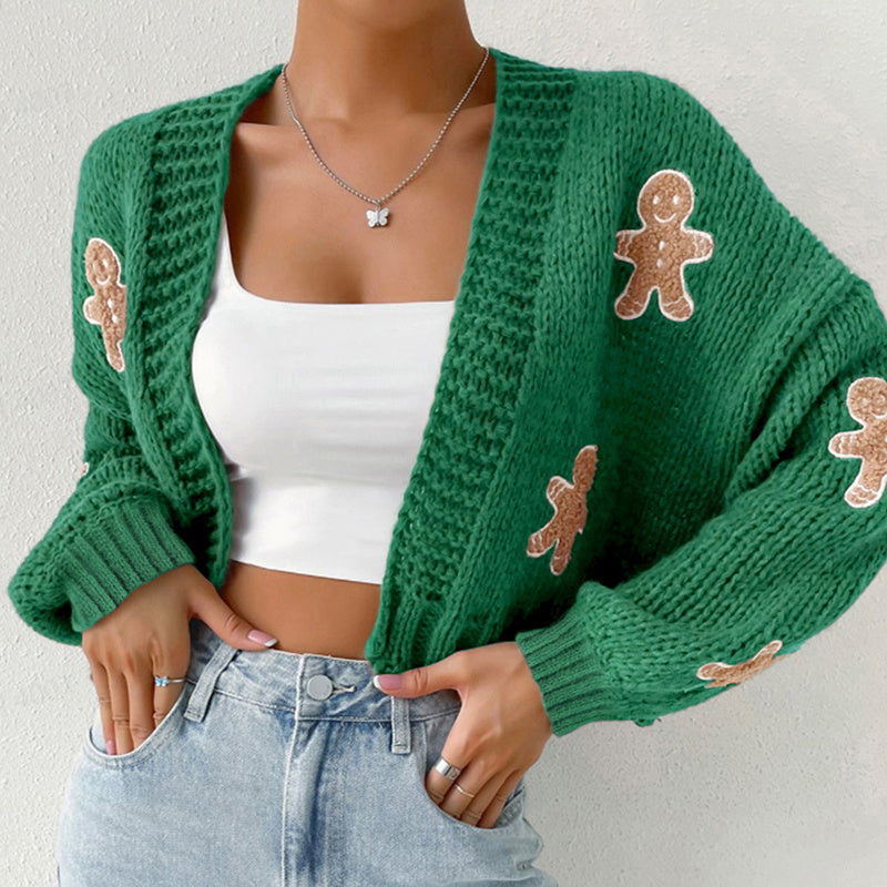 Gingerbread Man Knit Cardigan with Ribbed Cuffs