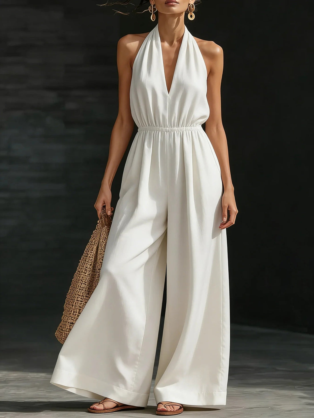 Women’s V-Neck Halter Neck Wide-Leg Sleeveless Jumpsuit