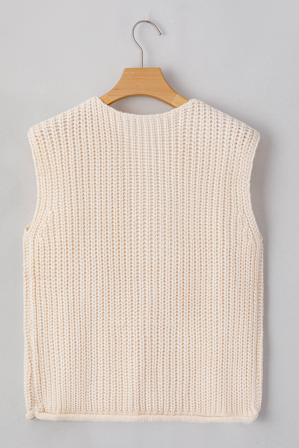 White Textured Knit Buttoned Sweater Vest with Side Pockets