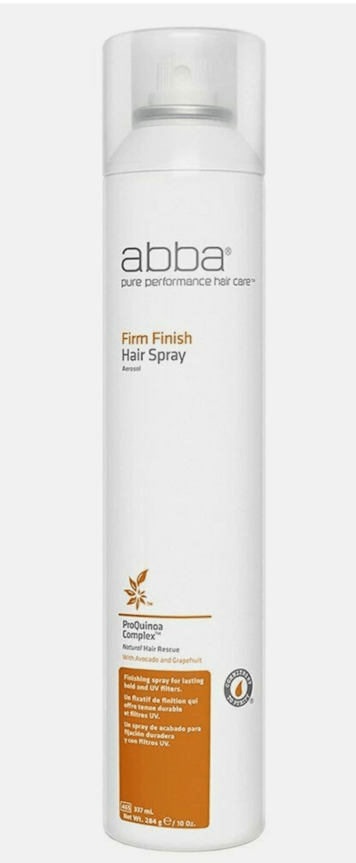 ABBA Firm Finish Hair Spray in a white and orange aerosol bottle.