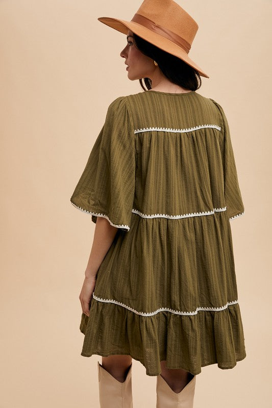 Bohemian Tassel Trim Tiered Midi Dress with Tie Neck