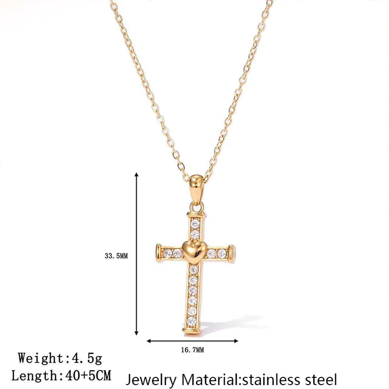 Heart-Shaped Cross Pendant Necklace with Rhinestones in Gold/Silver