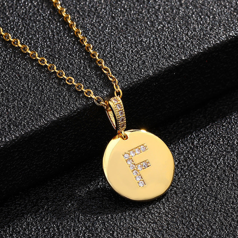 Gold Plated Zircon Initial Disc Necklace Personalized Pendant